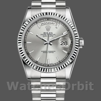 Replica Rolex Day-Date 36mm Unisex-118239-Dal quadrante oro bianco-argento- lunetta scanalata Argento