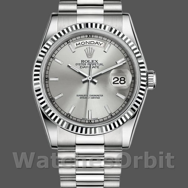 Replica Rolex Day-Date 36mm Unisex-118239-Dal quadrante oro bianco-argento- lunetta scanalata Argento