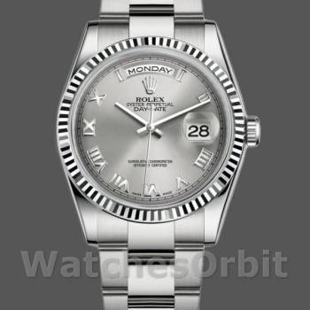 Replica Rolex Day-Date 36mm Unisex-118239-oro bianco-argento quadrante con numeri romani Argento
