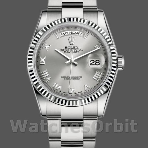 Replica Rolex Day-Date 36mm Unisex-118239-oro bianco-argento quadrante con numeri romani Argento