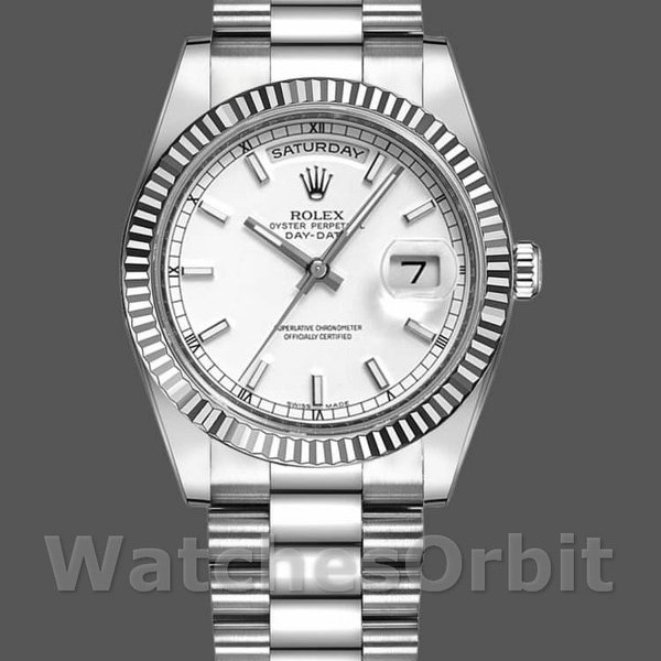 Replica Rolex Day-Date 36mm Unisex-118239-Dal quadrante bianco-oro bianco- lunetta scanalata Bianco