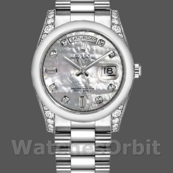 Replica Rolex Day-Date 36mm Unisex-118296-Platinum-MOP Quadrante bianco-Diamante MOP