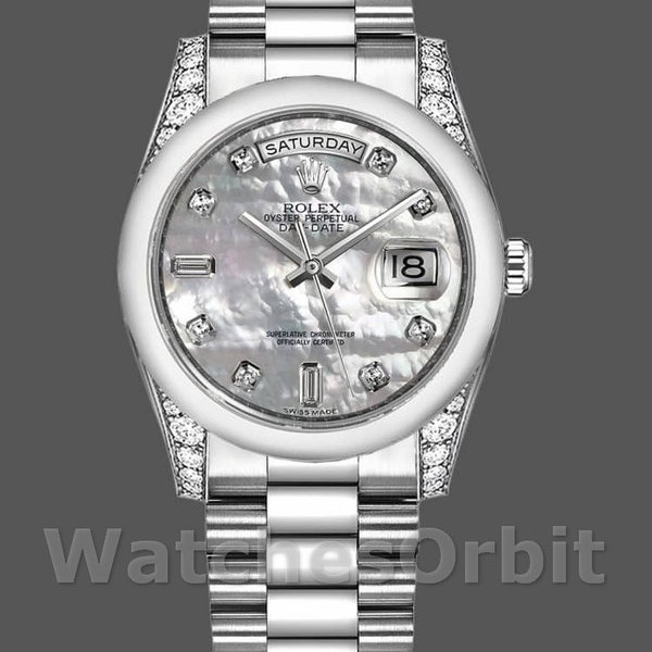 Replica Rolex Day-Date 36mm Unisex-118296-Platinum-MOP Quadrante bianco-Diamante MOP