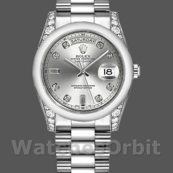 Replica Rolex Day-Date 36mm Unisex-118296-Dal quadrante platino-argento-diamanti Argento