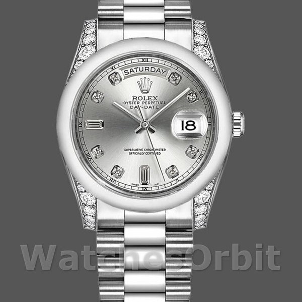 Replica Rolex Day-Date 36mm Unisex-118296-Dal quadrante platino-argento-diamanti Argento