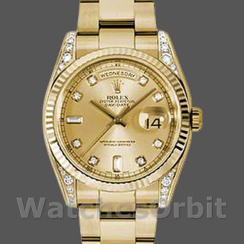 Replica Rolex Day-Date 36 mm Unisex-118338-Champagne Quadrante con diamanti Champagne