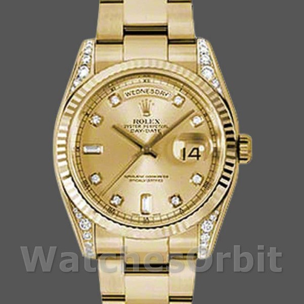 Replica Rolex Day-Date 36 mm Unisex-118338-Champagne Quadrante con diamanti Champagne