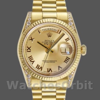 Replica Rolex Day-Date 36 mm Unisex-118338-Champagne Quadrante romano-Ghiera con diamanti Champagne