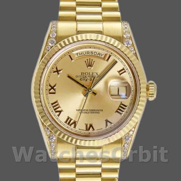 Replica Rolex Day-Date 36 mm Unisex-118338-Champagne Quadrante romano-Ghiera con diamanti Champagne