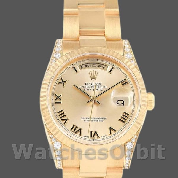 Replica Rolex Day-Date 36 mm Unisex-118338 - Oro giallo - Quadrante champagne - Numeri romani Champagne