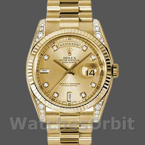 Replica Rolex Day-Date 36mm Unisex-118338-Dal quadrante in oro giallo e diamanti champagne Champagne