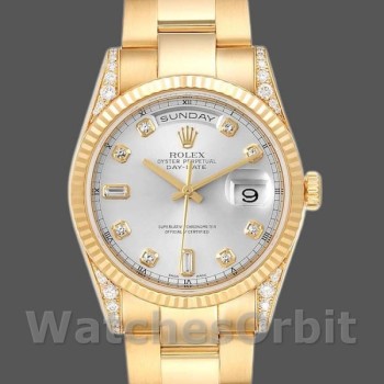Replica Rolex Day-Date 36mm Unisex-118338-Oro giallo-Argento Quadrante di diamanti Argento