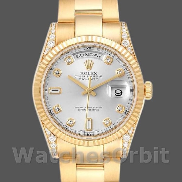 Replica Rolex Day-Date 36mm Unisex-118338-Oro giallo-Argento Quadrante di diamanti Argento