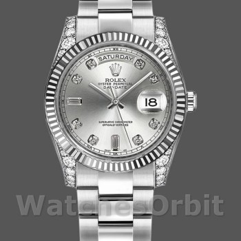 Replica Rolex Day-Date 36mm Unisex-118339-Comparatore argento-Ghiera scanalata Argento