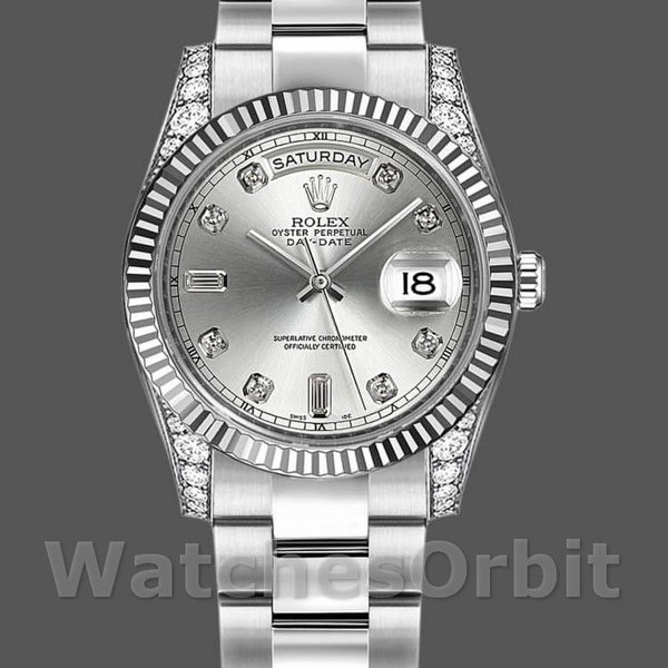 Replica Rolex Day-Date 36mm Unisex-118339-Comparatore argento-Ghiera scanalata Argento