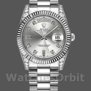 Replica Rolex Day-Date 36mm Unisex-118339-Dal quadrante bianco-argento- lunetta scanalata Argento