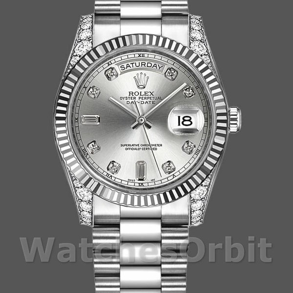 Replica Rolex Day-Date 36mm Unisex-118339-Dal quadrante bianco-argento- lunetta scanalata Argento