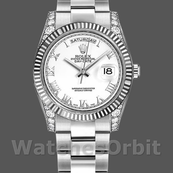 Replica Rolex Day-Date 36mm Unisex-118339-Dal quadrante bianco-oro bianco-Giornale scanalato bianco<br />