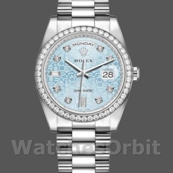 Replica Rolex Day-Date 36 mm Unisex-118346-Calendario blu con diamanti-Blu ghiaccio platino