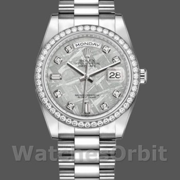 Replica Rolex Day-Date 36mm Unisex-118346-Lunetta di platino e diamanti-Dal quadrante di meteorite Meteorite<br />