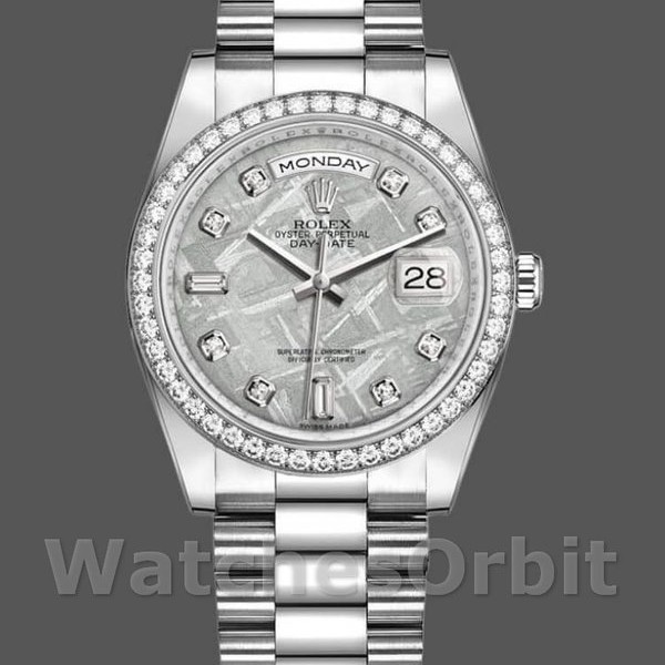 Replica Rolex Day-Date 36mm Unisex-118346-Lunetta di platino e diamanti-Dal quadrante di meteorite Meteorite<br />