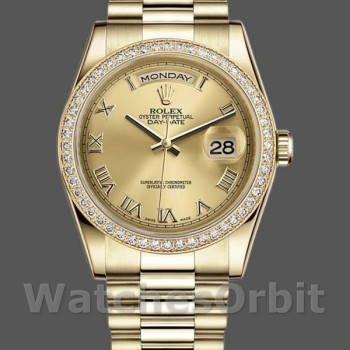 Replica Rolex Day-Date 36mm Unisex-118348-Calendario champagne-Oro giallo Champagne unisex
