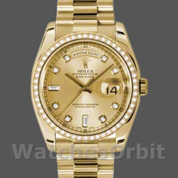 Replica Rolex Day-Date 36 mm Unisex-118348-Champagne Quadrante di diamanti-Oro giallo Champagne Uomo