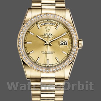 Replica Rolex Day-Date 36mm Unisex-118348-Champagne Quadrante Indice - Oro giallo Champagne