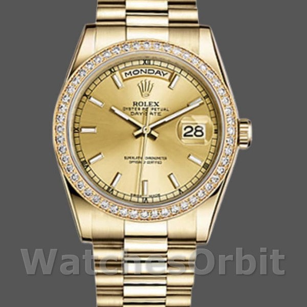 Replica Rolex Day-Date 36mm Unisex-118348-Champagne Quadrante Indice - Oro giallo Champagne