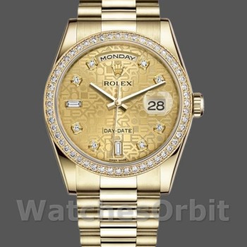 Replica Rolex Day-Date 36 mm Unisex-118348-Champagne Jubilee Quadrante di diamanti-Oro giallo Champagne