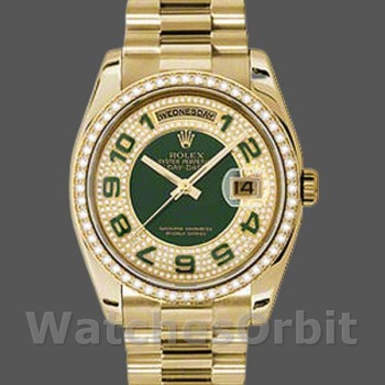 Replica Rolex Day-Date 36 mm Unisex-118348-Dal quadrante verde con diamanti-Oro giallo verde