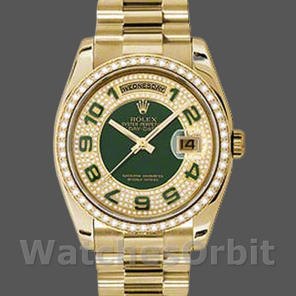 Replica Rolex Day-Date 36 mm Unisex-118348-Dal quadrante verde con diamanti-Oro giallo verde