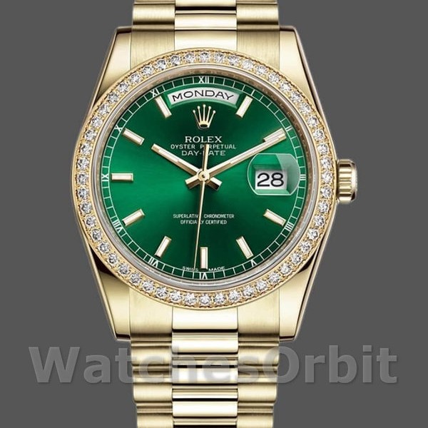 Replica Rolex Day-Date 36mm Unisex-118348-Comparatore indice verde-Oro giallo Verde unisex