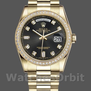 Replica Rolex Day-Date 36 mm Unisex-118348-Oro giallo-Calendario nero con diamanti Nero<br />
