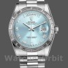 Replica Rolex Day-Date 36 mm Unisex-118366-Calrante blu ghiaccio-Ghiera con diamanti Blu ghiaccio