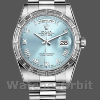 Replica Rolex Day-Date 36 mm Unisex-118366-Calrante blu ghiaccio-Ghiera con diamanti Blu ghiaccio