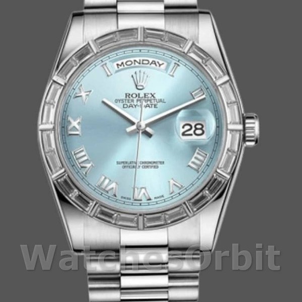 Replica Rolex Day-Date 36 mm Unisex-118366-Calrante blu ghiaccio-Ghiera con diamanti Blu ghiaccio