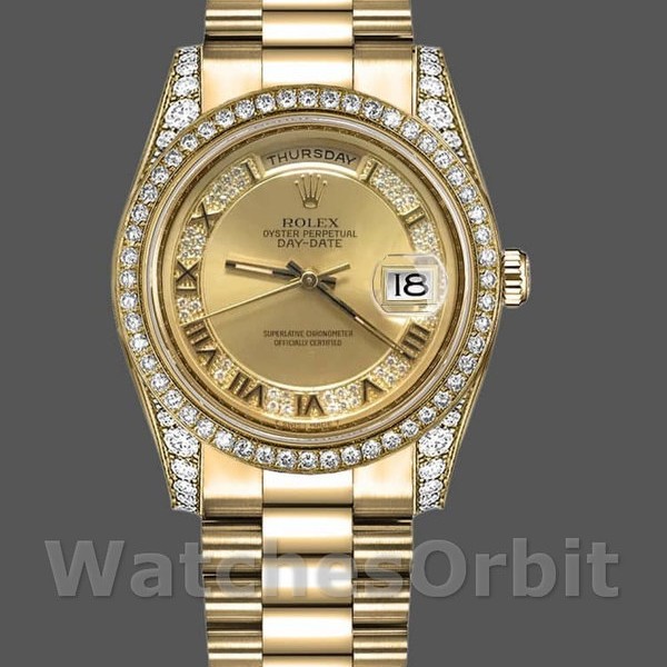 Replica Rolex Day-Date 36 mm Unisex-118388-Champagne Quadrante di diamanti - Oro giallo Champagne