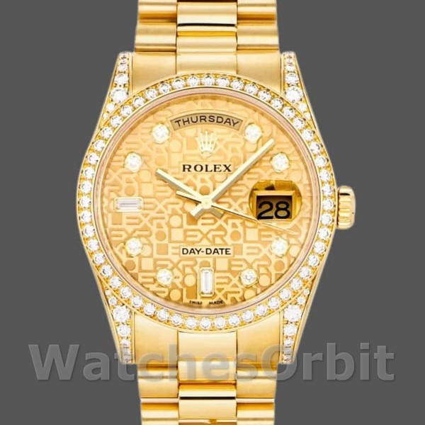 Replica Rolex Day-Date 36 mm Unisex-118388-Champagne Jubilee Quadrante di diamanti-Oro giallo Champagne
