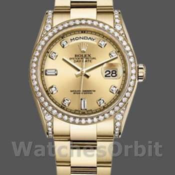 Replica Rolex Day-Date 36mm Unisex-118388-Ghiera di diamanti-Calendario Champagne Champagne