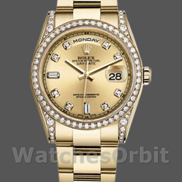 Replica Rolex Day-Date 36mm Unisex-118388-Ghiera di diamanti-Calendario Champagne Champagne