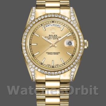 Replica Rolex Day-Date 36mm Unisex-118388-Ghiera di diamanti-Calendario champagne Champagne