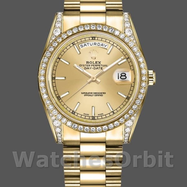 Replica Rolex Day-Date 36mm Unisex-118388-Ghiera di diamanti-Calendario champagne Champagne