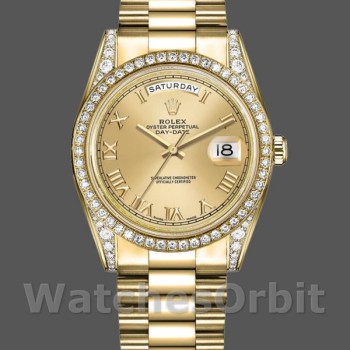 Replica Rolex Day-Date 36mm Unisex-118388-Ghiera di diamanti-Calendario romano champagne Champagne