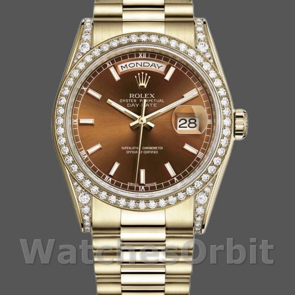 Replica Rolex Day-Date 36mm Unisex-118388-Ghiera di diamanti-Calendario marrone cioccolato Marrone cioccolato <br />