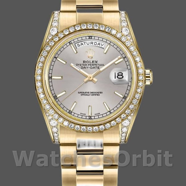 Replica Rolex Day-Date 36mm Unisex-118388-Ghiera di diamanti-Comparto indicizzato argento Argento