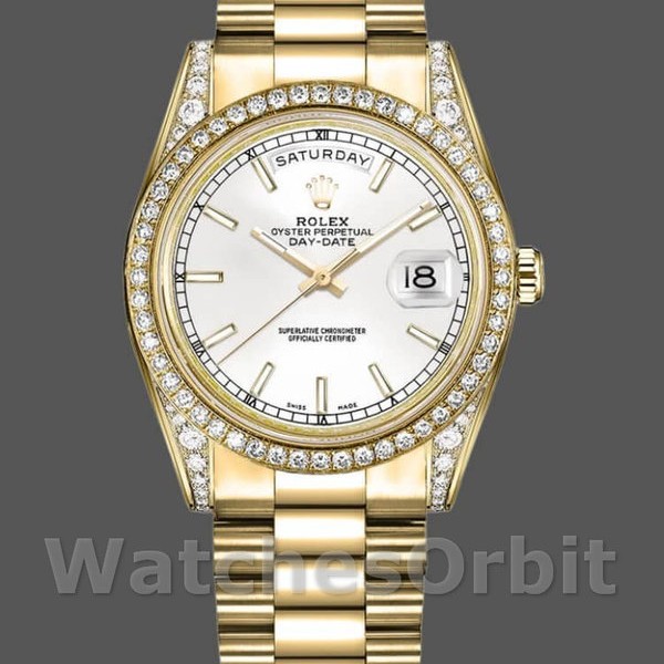 Replica Rolex Day-Date 36mm Unisex-118388-Ghiera di diamanti-Dal quadrante bianco Bianco<br />