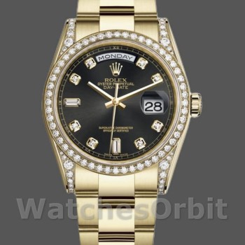 Replica Rolex Day-Date 36 mm Unisex-118388-Oro giallo-Calendario nero con diamanti Nero