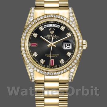 Replica Rolex Day-Date 36 mm Unisex-118388-Giallo Oro Nero-Diamante Rubini Quadrante Nero