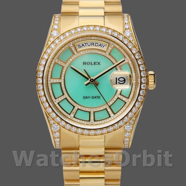 Replica Rolex Day-Date 36mm Unisex-118388-Oro giallo-Giallo Quadrante diamante Verde unisex <br />